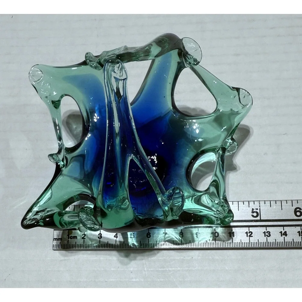 Vintage Murano Style MCM Blue‎ Green Art Glass Basket - Size 4.5 x 4.5 x 4
